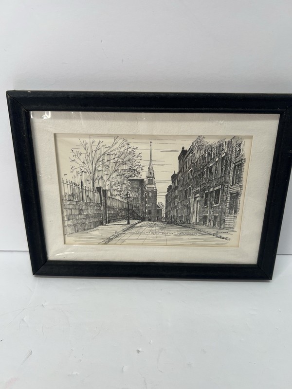 VTG Pen & Ink Print Old North Church Boston by CM GOFF w/matting Goff Prints