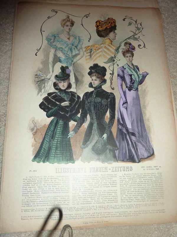 ANTIQUE OCT 1898 LADIES FASHION ILLUSTRATIONS - FRAUEN-ZEITUNG -GERMANY-COLOR