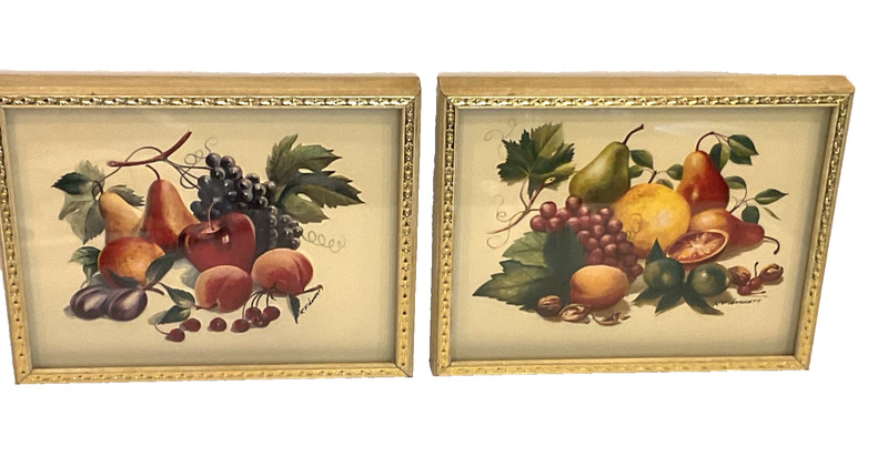 VTG PAIR Still Life Print R.F. Harnett Framed Bountiful Fruit 10”x 8”Tole Frame