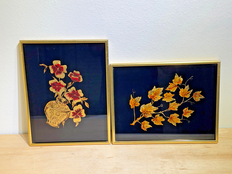 Pair of (2) MCM Vintage Gold Foil Wall Art | Autumn Leaves & Flower Vase Diptych