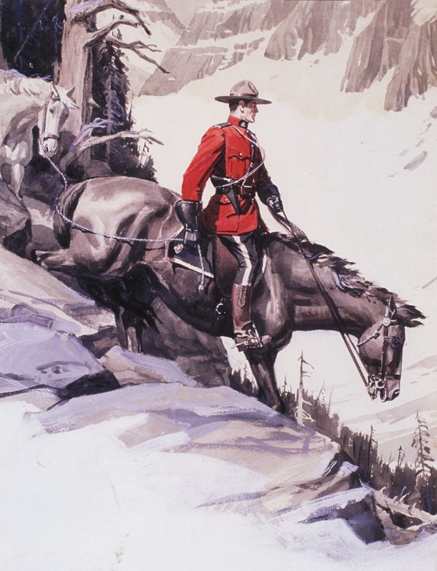 Canadian Mountie Riding Horse Downhill
