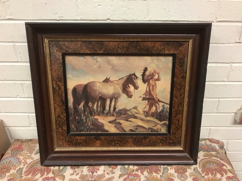 VINTAGE H. HERGET FRAMED PRINT INDIAN BRAVES RETURN 21 X 18 X 2 1/2” ANTIQUE