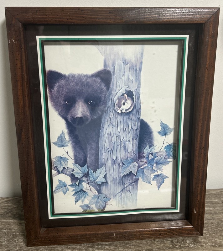 Frank Massa Bear Cub with Squirrel Print in Wood Shadow Box Frame 15×12