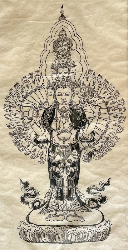 Avalokiteshvara 1000 Arms Nepal Tibet large woodblock print Vintage circa 1970