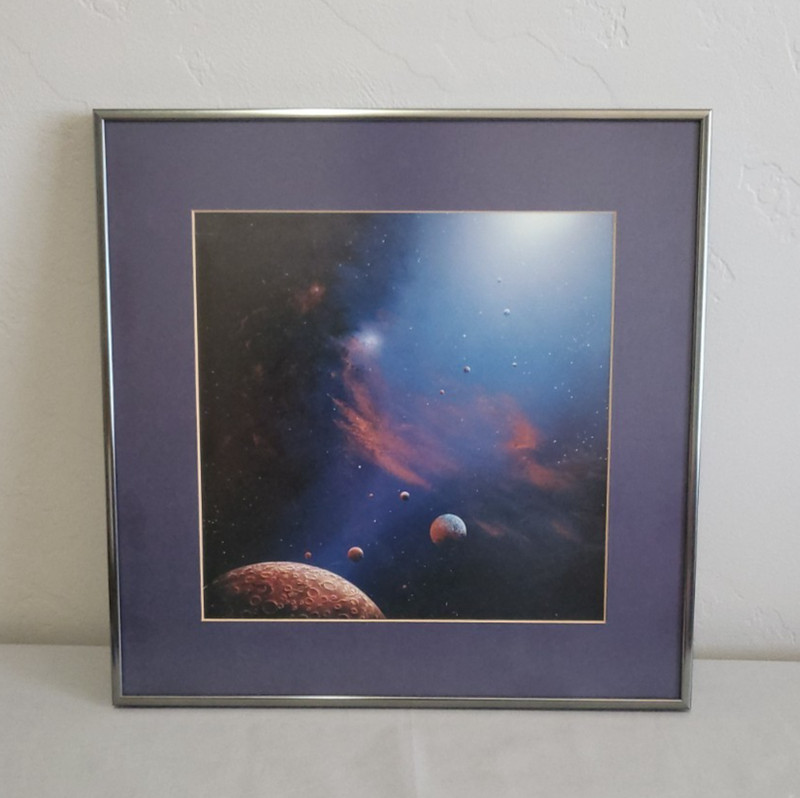 RON RUSSELL Vintage Space Cosmic Art Glass Print Painting 1985 Framed 14X14