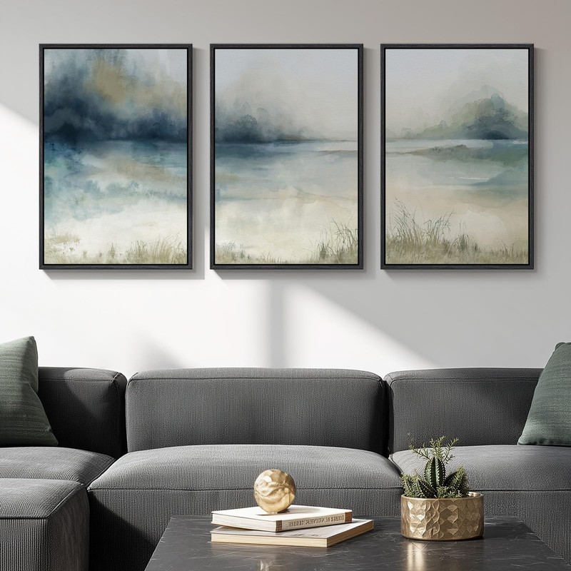 Framed Abstract Landscape Wall Art, 3 Piece Blue Watercolor Canvas Prints Pai... gallery