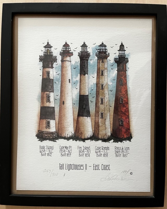 BEV SCHREIBER SIGNED & NUMBERED PRINT “TALL LIGHTHOUSES II – EAST COAST”, 1994