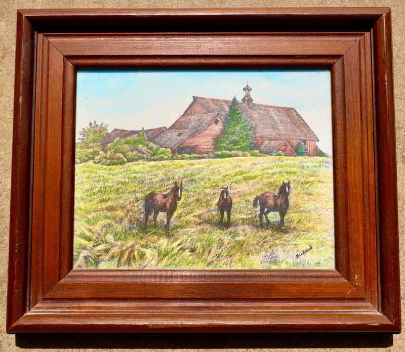 Horse Barn Pen and Ink wood Framed picture signed #OJ