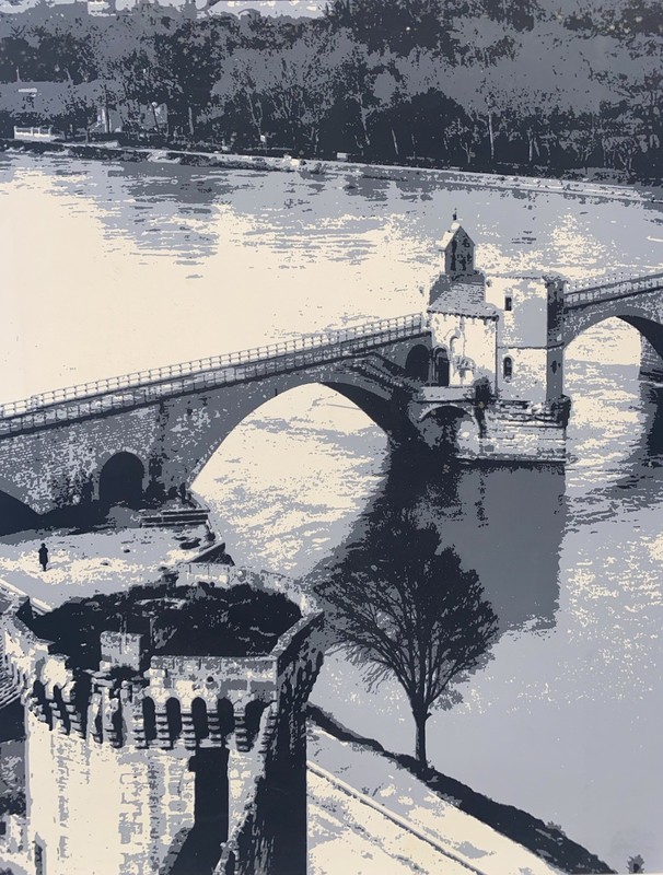 European City Bridge Print River Architecture Modern Gray Blue 14.5 x 12