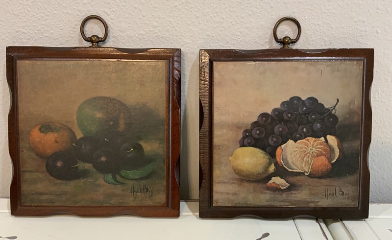 Vtg Wooden Litho Art Still Life Fruit Painting Plaque Wall Hanging Hank Boj