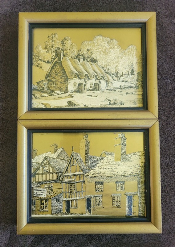 Vinatge 60’s MCM Gold Foil Cottage Landscape Framed Prints Pictures Art Decor