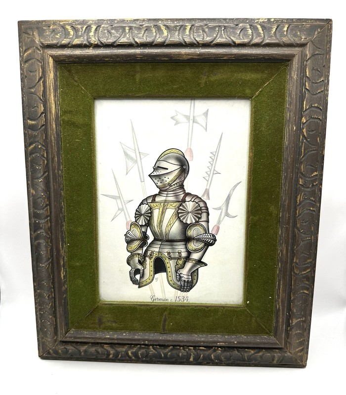 Framed Art Print Medieval Knight Weaponry Green Felt Mat Carved Wooden Frame