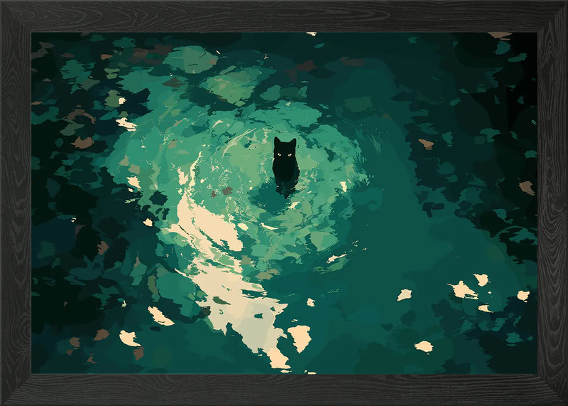 Black Cat in Water Framed Wall Art Poster Canvas Print Picture