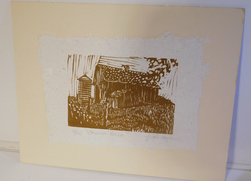 Rustic Barn - Original Linoleum print on homemade paper mounted on mat board