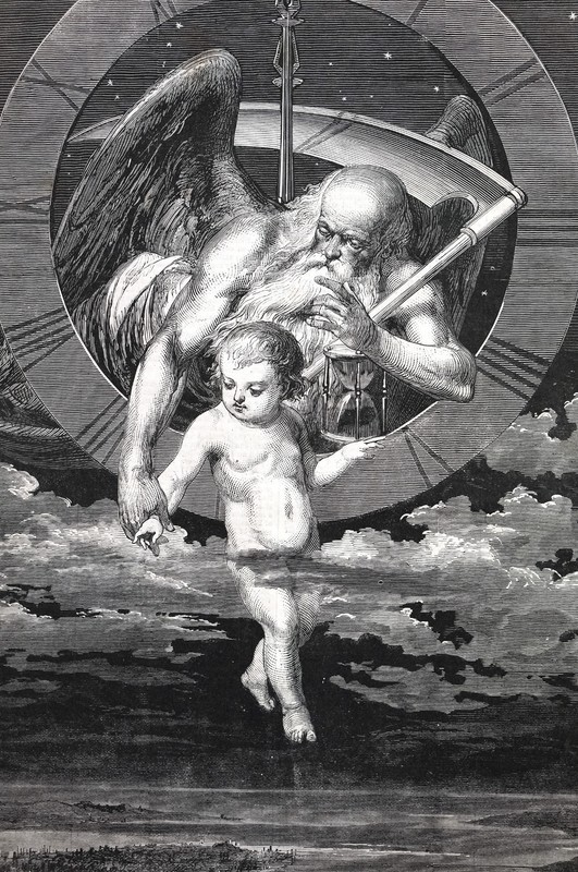 Miranda BIRTH of NEW YEARS EVE Baby and Father Time 1875 Matted Antique Print