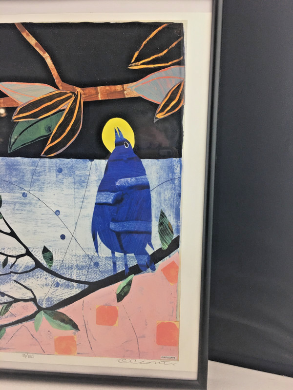 Curt Clonts Signed Serigraph Ed 5/30 Birds Folk Art Kansas Artist 16 x 12 Framed gallery