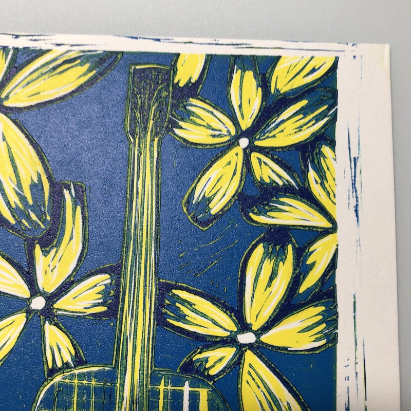 5" x 7" Reduction Linocut Print 3 Color Unframed “Guitar I” #4/8 Music Flowers gallery