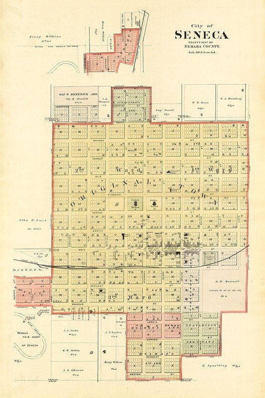 1887 Town Map of Seneca Nemaha County Kansas