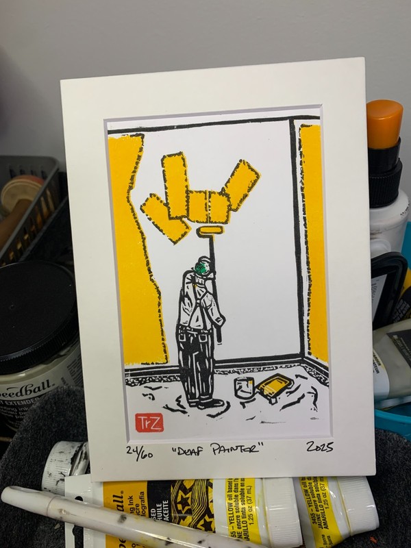 Original Linocut Print Deaf Art «Deaf Painter» Edition of 60 FREE SHIPPING!