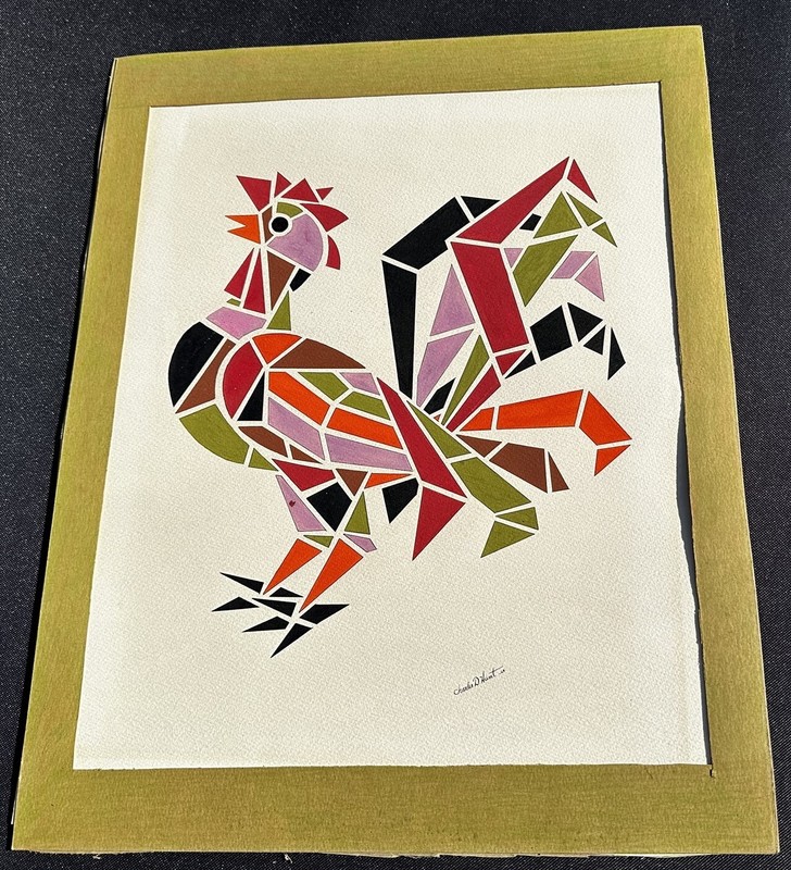 Mid Century Silkscreen Rooster Charles D Hunt Signed Colorful