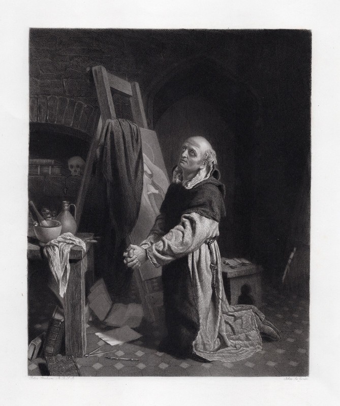 1800s PETER GRAHAM Engraving «Fra Angelico Kneeling in Prayer» Framed SIGNED COA