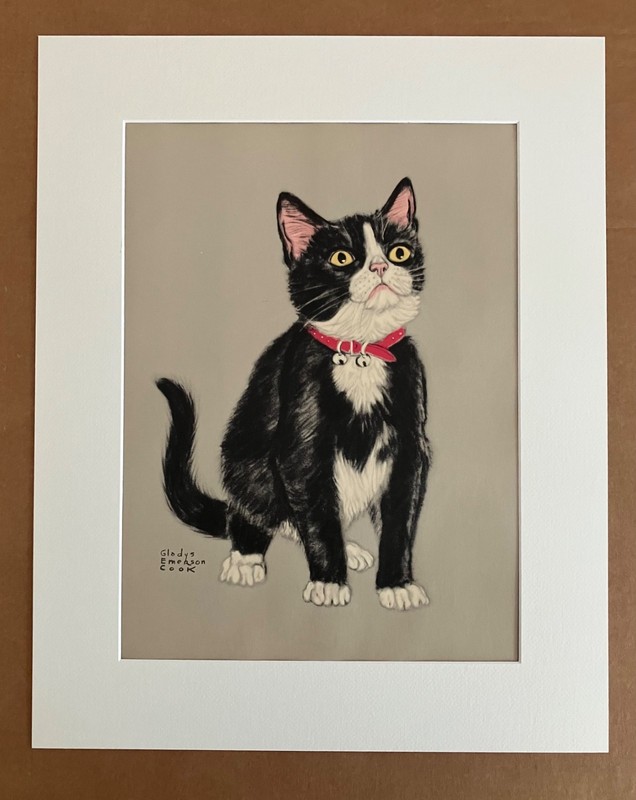 Vintage Midcentury Gladys Emerson Cook Tuxedo Kitten Portrait w/16×20 Mat, EUC
