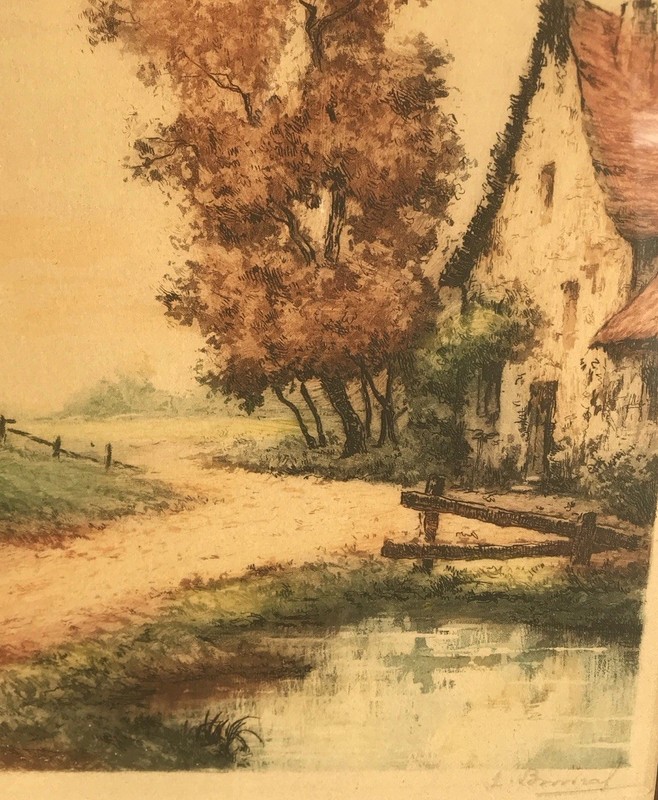 VTG Hand Colored Etching 9.5”x7” Rural Cottage Signed Framed 12”x15” gallery