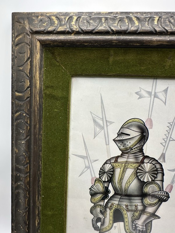Framed Art Print Medieval Knight Weaponry Green Felt Mat Carved Wooden Frame gallery