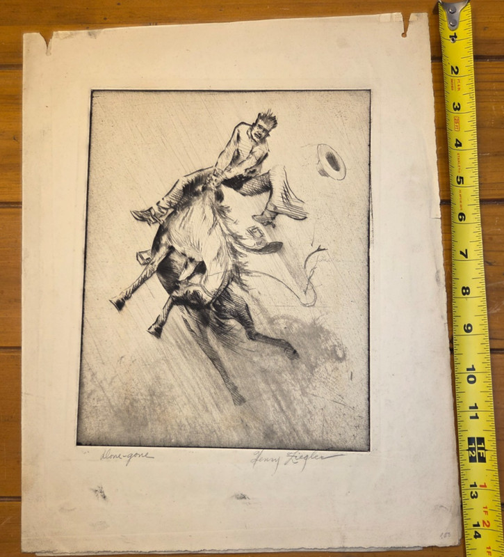 Antique Henry Ziegler Original Etching Cowboy Horse Western Art Signed Done-gone gallery