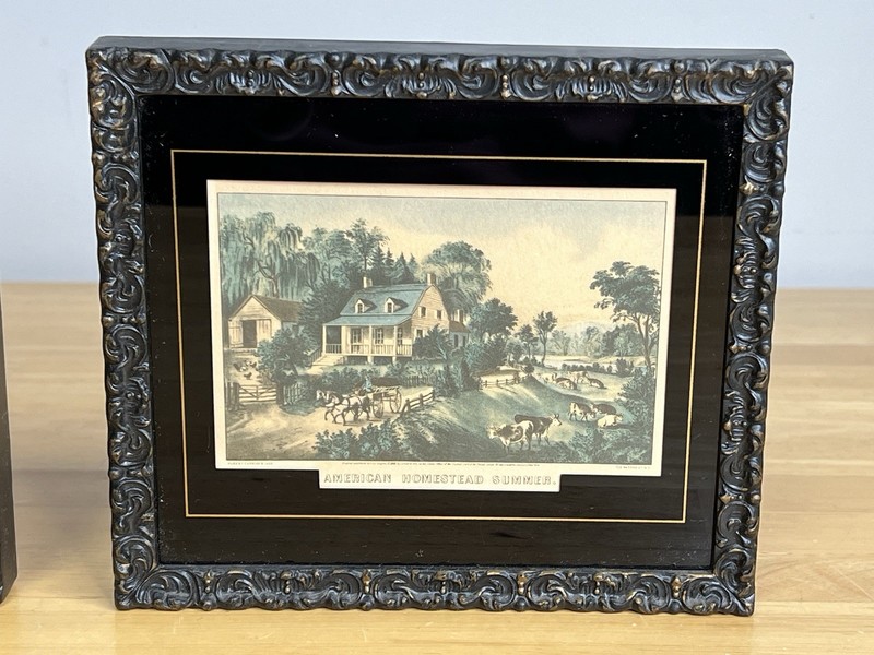 2 VTG Art Homestead Pictures Prints in Frame w/ reverse paint glass Currier Ives gallery