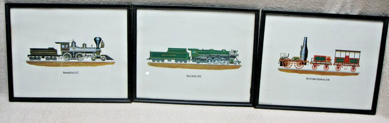 Set of 3 Framed Prints Vintage Steam Locomotives ~15”W X 12”H – NY Dock Railway