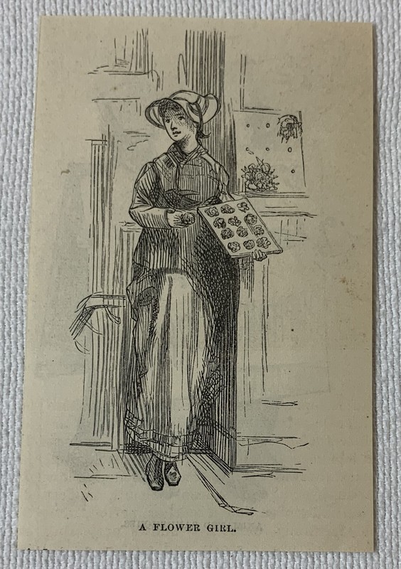 1878 small magazine engraving ~ A FLOWER GIRL in New York City