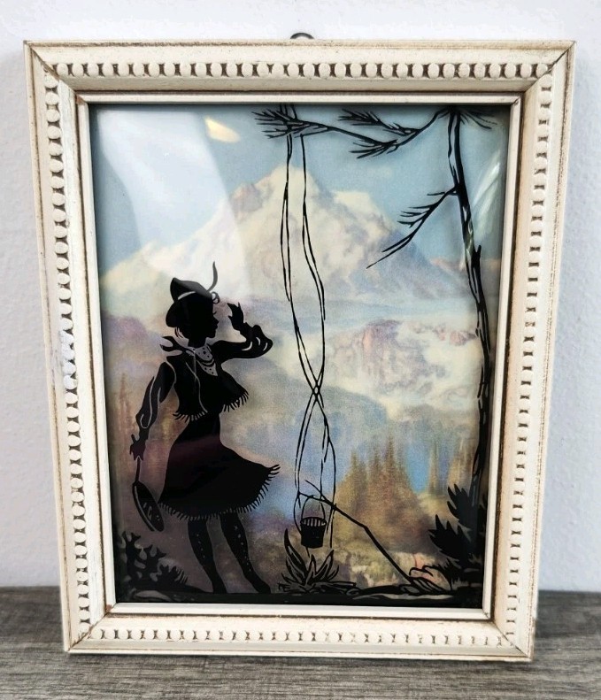 Vtg Framed Silhouette Reverse Painting Woman Mountains Bubble Glass 5 x 6″