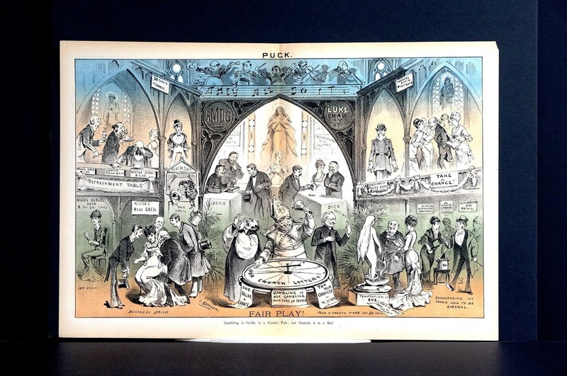Legal v Illegal GAMBLING 1878 GODLY CHURCH KENO LOTTERY DICE RAFFLE Puck Print