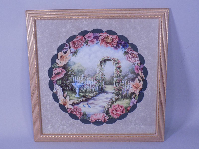Pink Roses Bird Square Floral Garden Art Print Arbor Gold Frame Donna Richardson