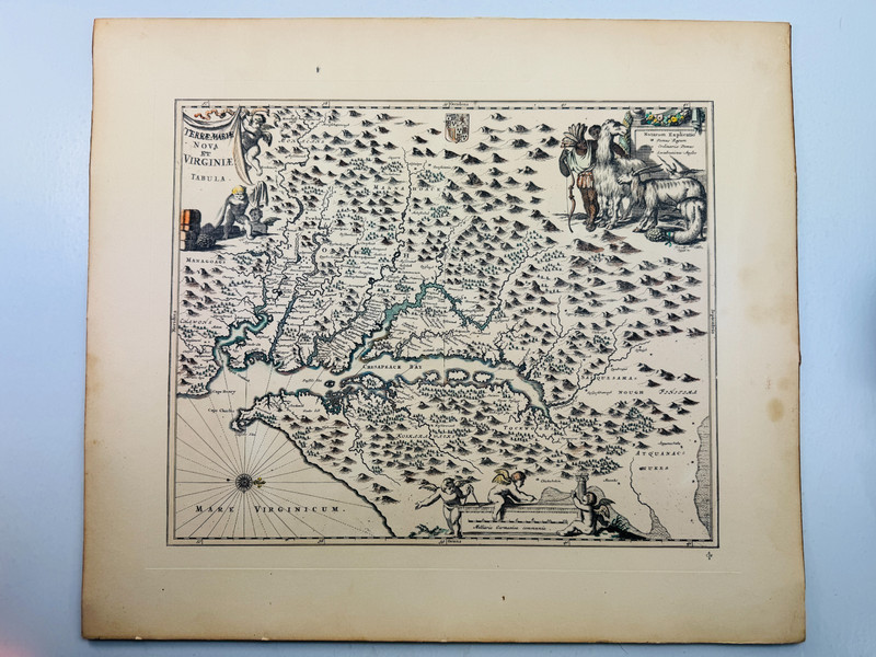 Antique Hand-Tinted Virginia Map Terre Marie Et Tabula Etching 18″x15.75″ Flat