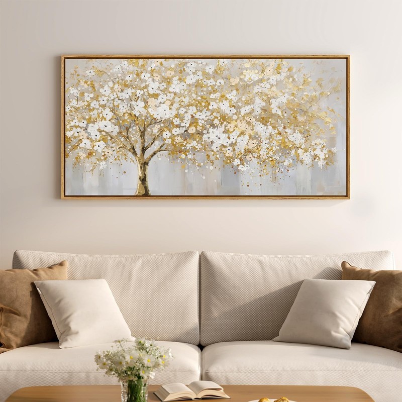 Large Framed Gold Tree Wall Art for Living Room, Neutral Gray White Canvas Pa…