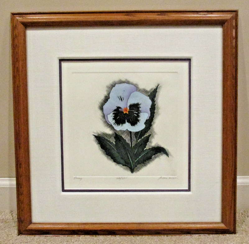 Framed pansy flower graphic art piece signed and #- new with high end framing