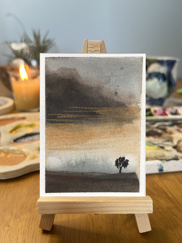 ACEO Original Watercolor Gold Metallic Storm Cloud Lone Tree Amber Landscape Sig