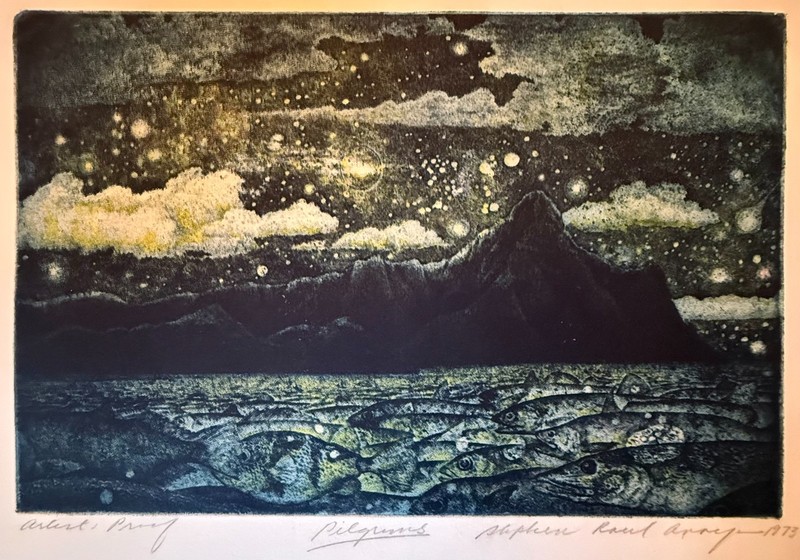 Raul Anaya Pilgrims 1973 Aquatint Etching Signed AP moonlight fish stars night