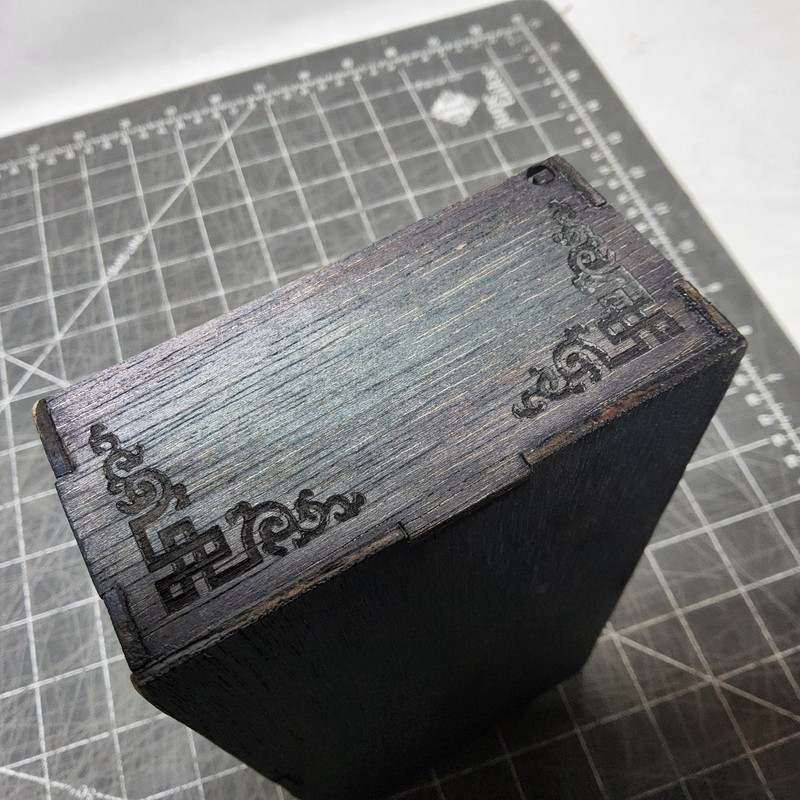 Custom laser etched border scroll flip top wood stash box teal purple 8x4x2 gallery