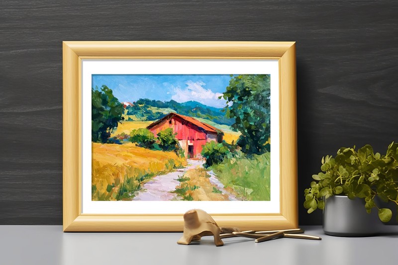 Rustic Red Barn 5"x7" Print on Matte Paper | Vibrant Countryside Oil Painting gallery