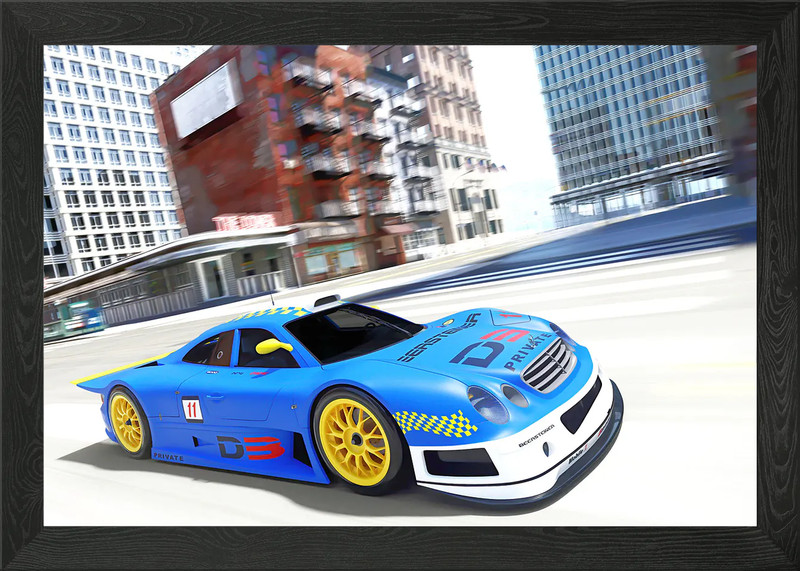 Blue Racing Car Framed Wall Art Poster Canvas Print Picture