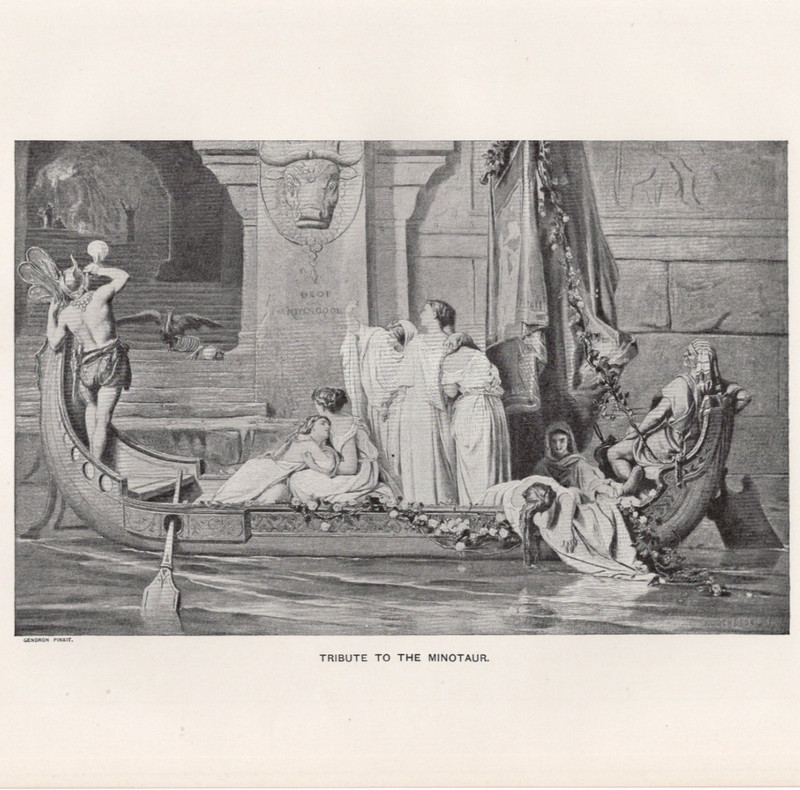 Tribute To The Minotaur Greek Mythology Scene 1892 Antique Print