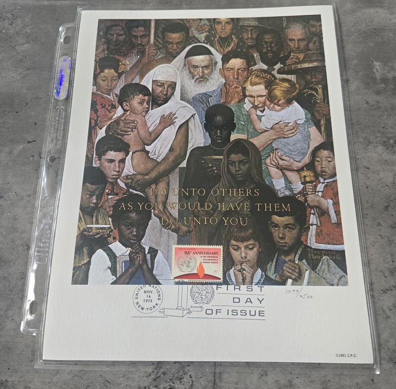 NORMAN ROCKWELL WFUNA LITHOGRAPH 1973 1277/2500 W/STAMP UNITED NATIONS NICE ART!