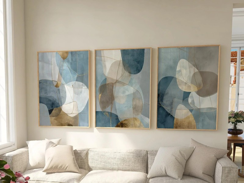 Blue Gray Gold Geometric Triptych Wall Art | Modern Abstract Set of 3