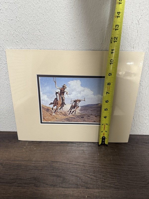 New Sealed Western American Cowboy Roping Cattle Longhorn Artwork Print Matted gallery