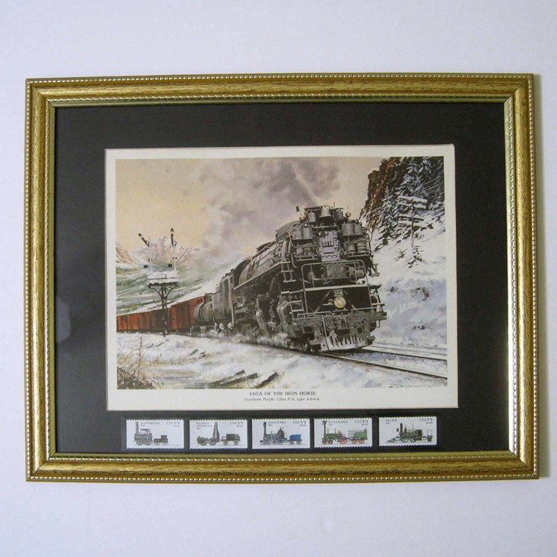 SAGA OF THE IRON HORSE © 12″ X 15″ Matted With Five (5) Framed USPS Stamps