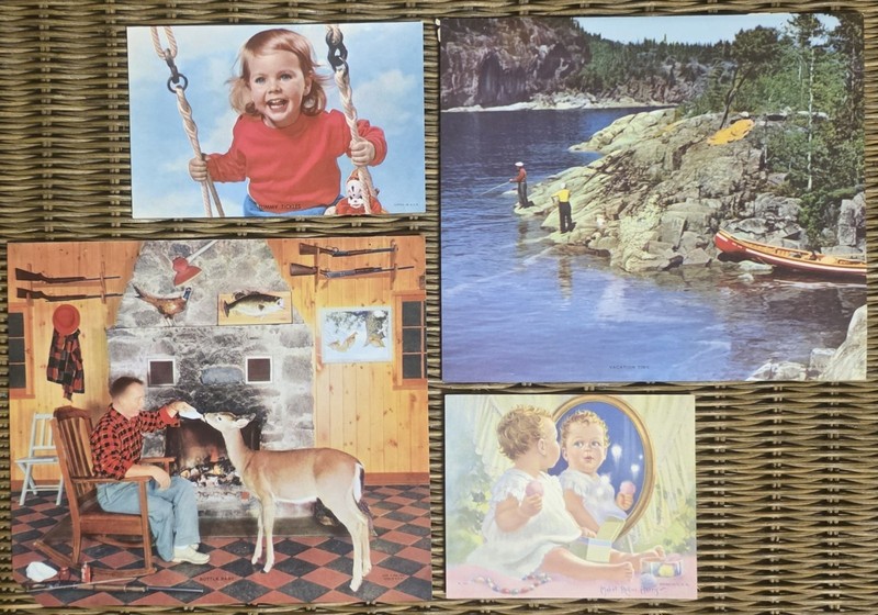 Vintage 1950s Prints Variety “Vacation Time” Lot of 4 –Fishing Hunting Cabin Art