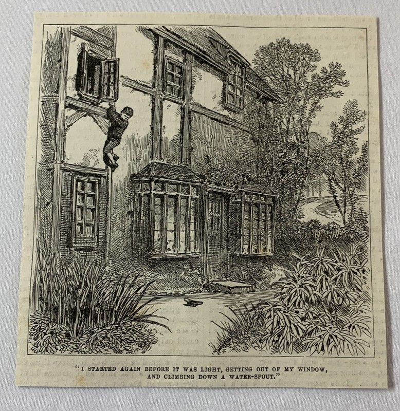 1885 magazine engraving~ BOY SNEAKING OUT THE WINDOW
